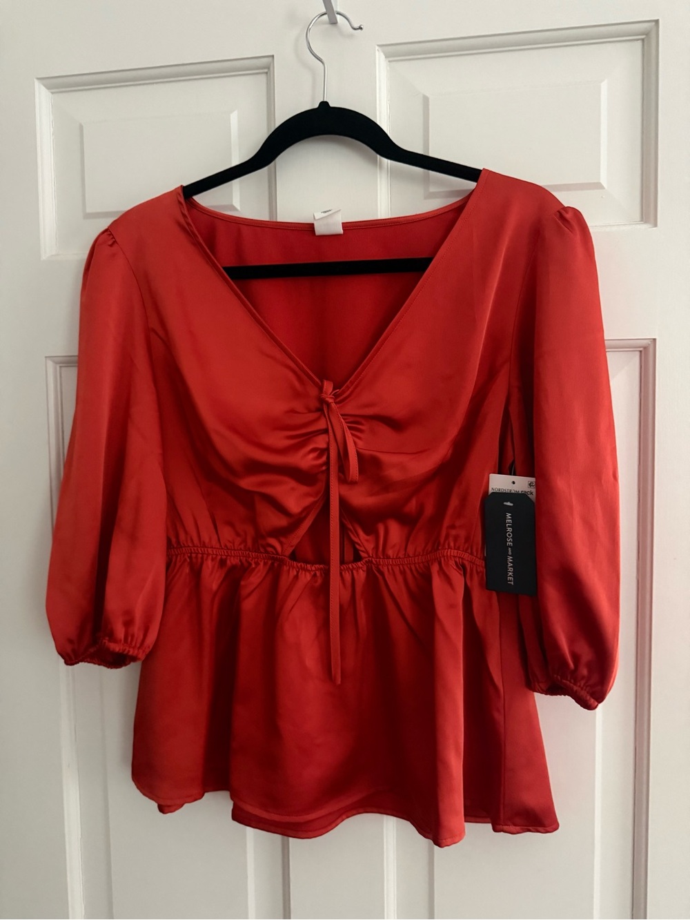Melrose and Market Red Satin Peplum Tie-Front Blouse Sz Medium New with tags